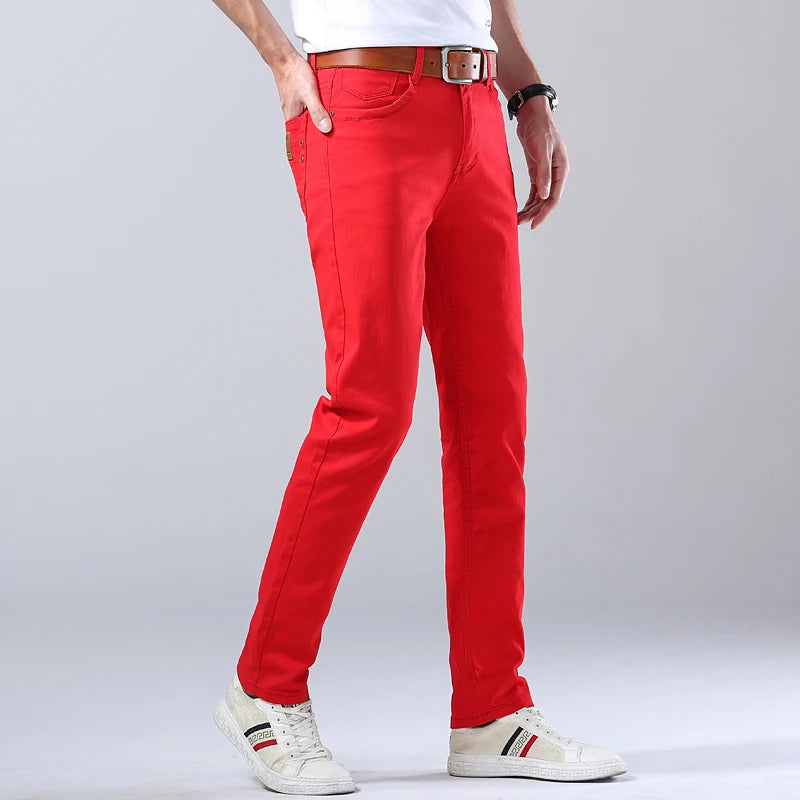 Fashion Straight Stretch Denim Pants Solid New Men's Slim Jeans Solid Yellow Red Green Blue Business Casual Classic Trousers