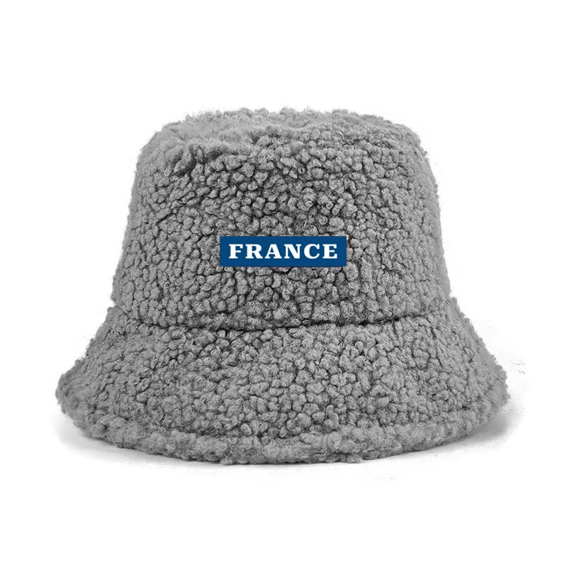 Custom Logo Text France Lamb Faux Fur bob Bucket Hat Winter Warm Velvet Hat For Women Lady Outdoor men Panama Fisherman VEST Hat