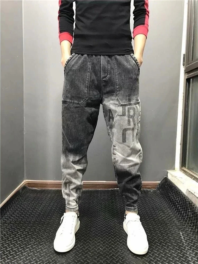 Trousers Letter Harem Men's Jeans With Print Man Cowboy Pants Black Comfortable Soft 2024 Korean Autumn Y2k Vintage Xs Retro