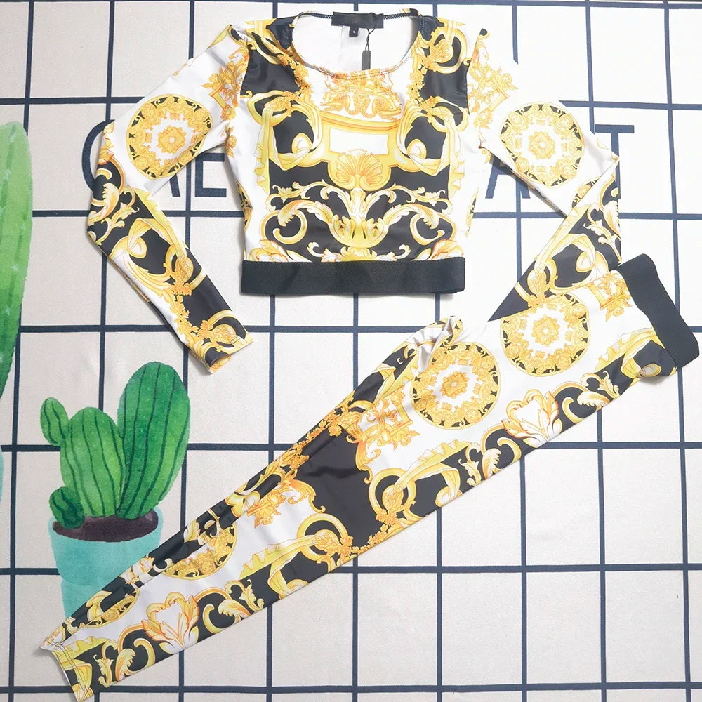 Luxury Design Women's Long Sleeved Swimsuit Sets White Retro Floral Print Yoga Sports Sets Fashion Brand Women's Body Suits