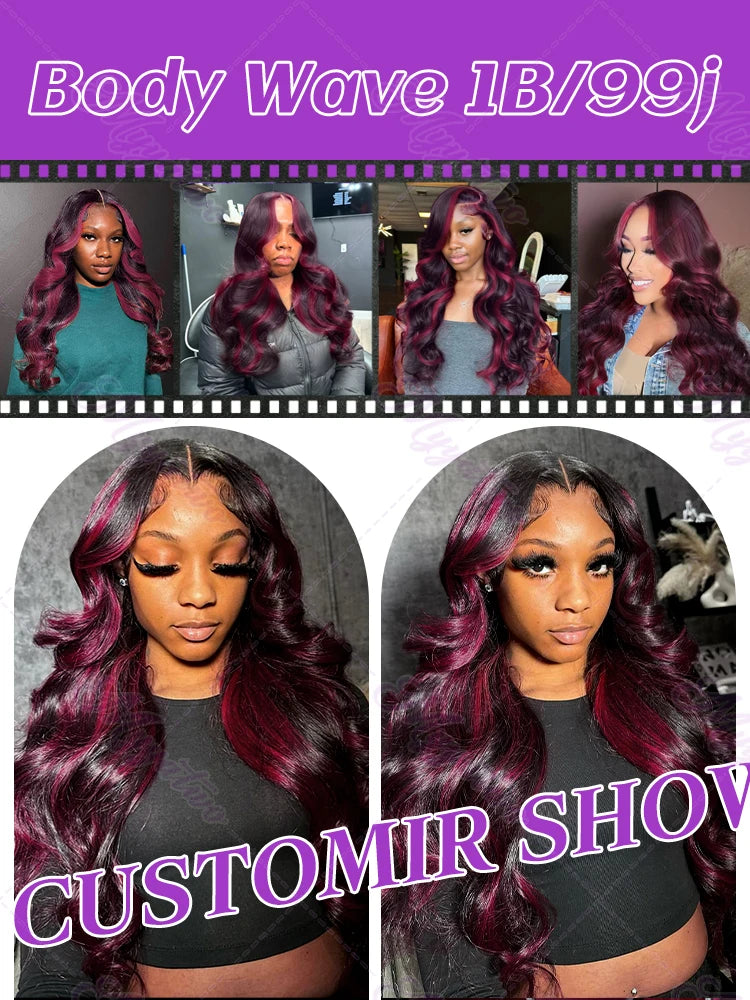 1b/99j Burgundy Highlight Body Wave 13x4 HD Lace Front Human Hair Wig Brazilian 30 32 Inch Colored 13x6 Lace Frontal Wigs 200%