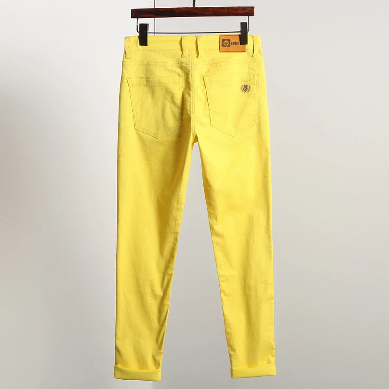 Fashion Straight Stretch Denim Pants Solid New Men's Slim Jeans Solid Yellow Red Green Blue Business Casual Classic Trousers