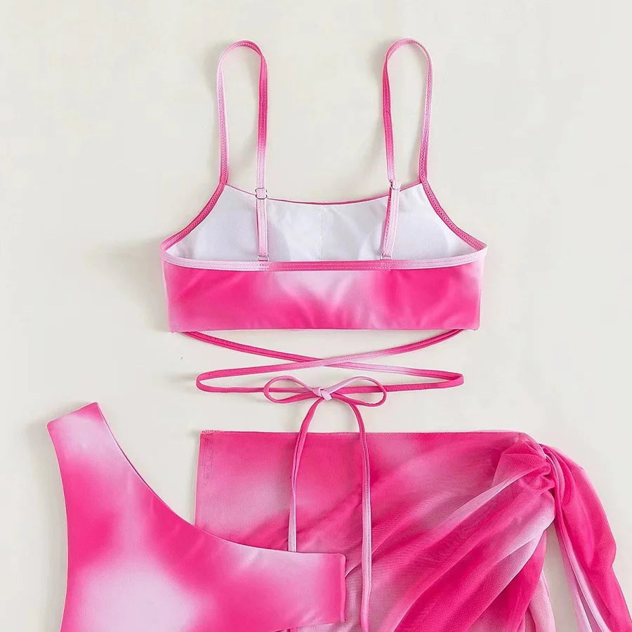 3 Pieces Bikini Suit Tie Dye Sexy Low Waist Bandage Swim Vest And Shorts Cover Up Swimwear Female Women Bathing Suits