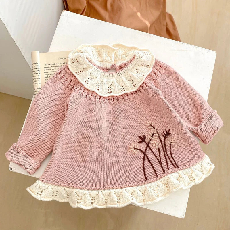 Autumn new outfit for 0-3 year old baby children's clothing, girl baby lotus leaf collar cute long sleeved knitted long top