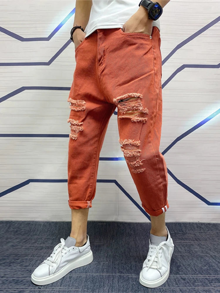 Japanese Trend New Men's Ripped Hole Jeans White Green Black Ankle Length Youth Fashion Loose Denim Harem Cargo Pants