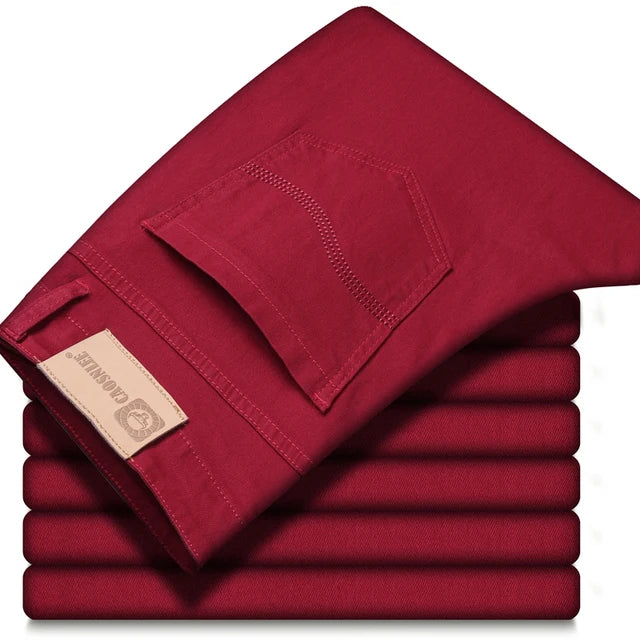 2023 New Autumn Wine Red Jeans Men Fashion Casual Classic Style Business Straight Fit Soft Trousers Male Advanced Pants