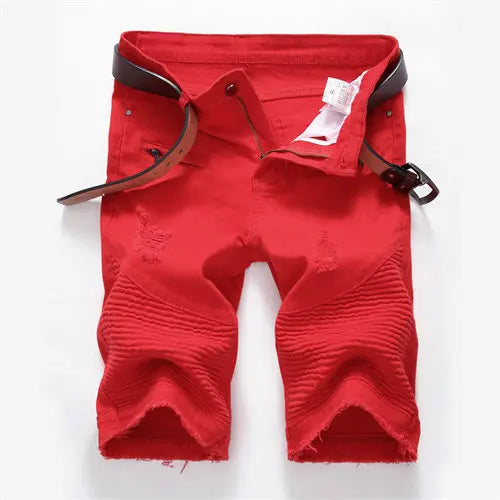 2024 Summer New Men's Jeans Shorts, Pleats and Holes Decorated Shorts, Men Blue White Black Blue Red Denim Shorts