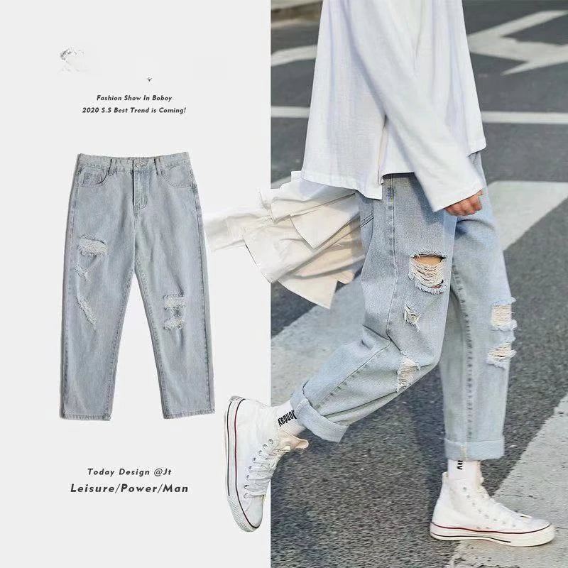 Male Cowboy Pants Oversize Summer Cropped Ripped Men's Jeans with Holes Broken Torn Plus Big Size Trousers Korean Fashion Cheap