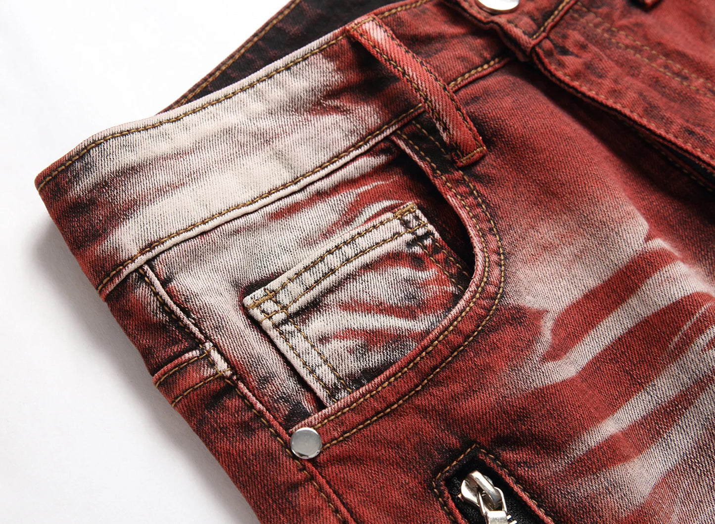 American Style Motorcycle Men's Jeans Y2k Streetwear 95% Cotton Pleated Zipper Design Slim Wine Red Jeans Vintage Pencil Pants