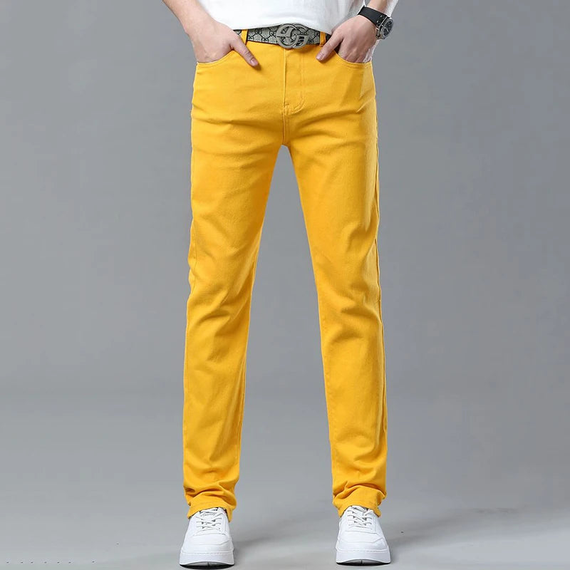 Men Classic Regular Fit Solid Color Jeans Male Business Fashion Denim Straight Leg Cotton Trousers Colorful Denim Pants