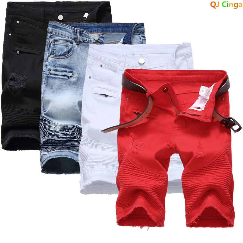 2024 Summer New Men's Jeans Shorts, Pleats and Holes Decorated Shorts, Men Blue White Black Blue Red Denim Shorts