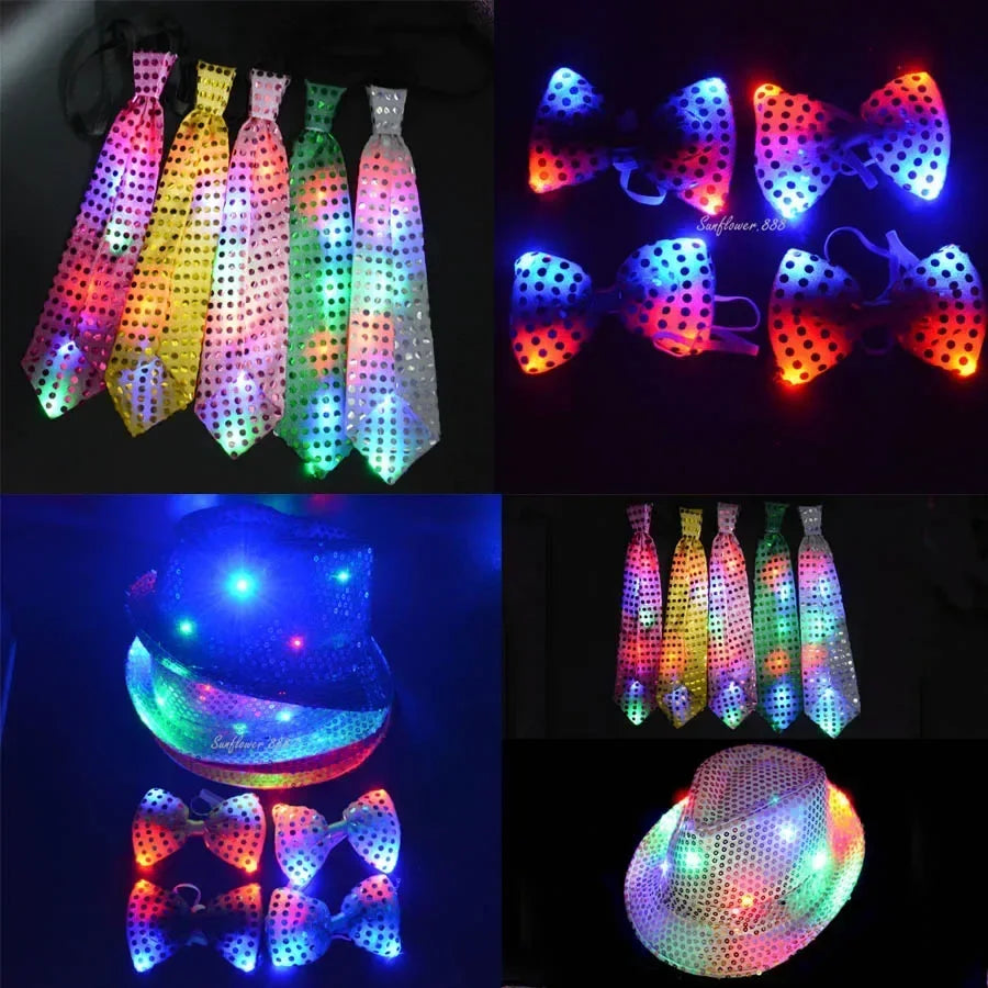 Woman Men Kids LED Light Up Sequin Fedora Jazz Hat Cap Gift Necktie Tie Neon Glow Party Bar Birthday Costume Wedding Festival