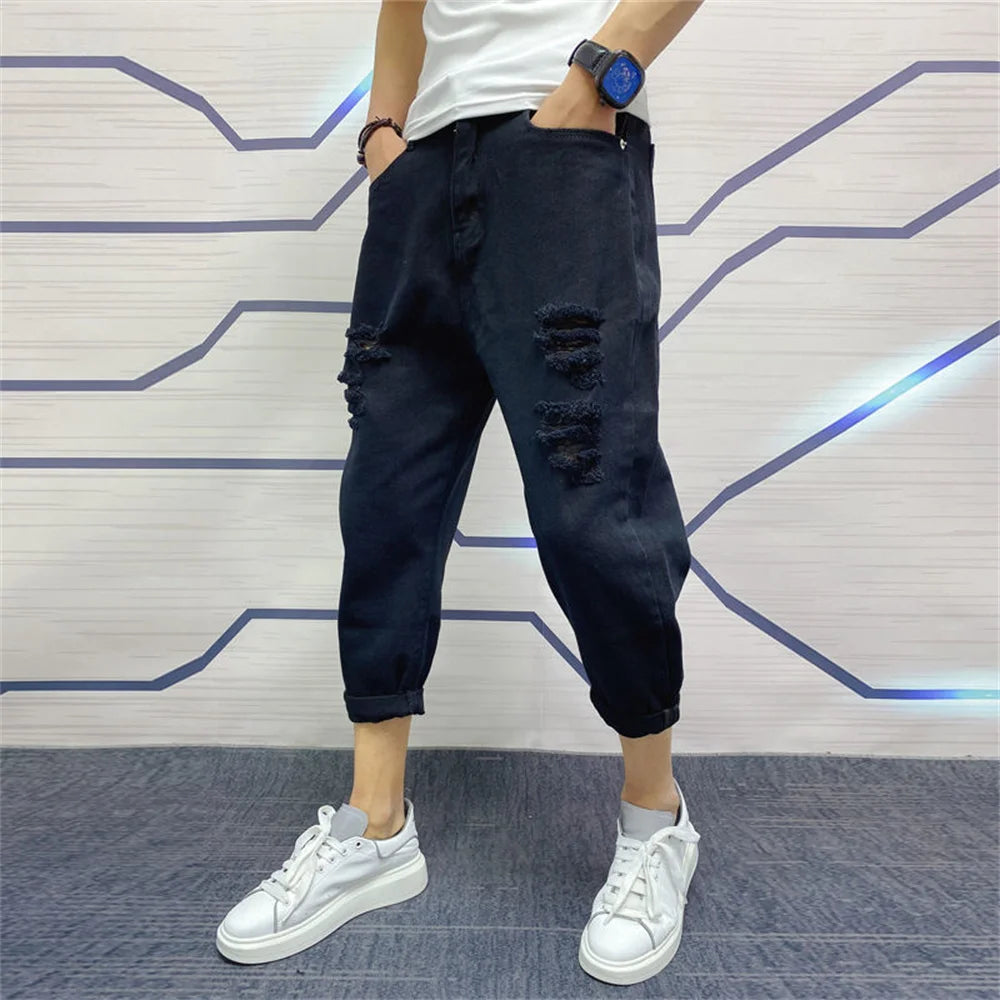 Japanese Trend New Men's Ripped Hole Jeans White Green Black Ankle Length Youth Fashion Loose Denim Harem Cargo Pants