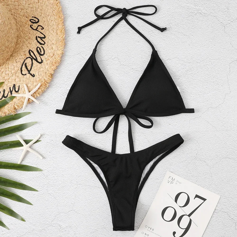 Hottest Classical Black Bikini Solid Plus Size Bikini Set XXL Bathing Suits Removable Pad Fully Lined Women Swimwear