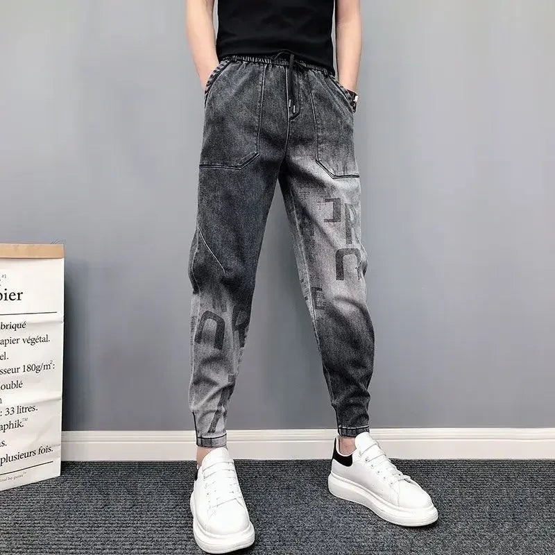 Trousers Letter Harem Men's Jeans With Print Man Cowboy Pants Black Comfortable Soft 2024 Korean Autumn Y2k Vintage Xs Retro