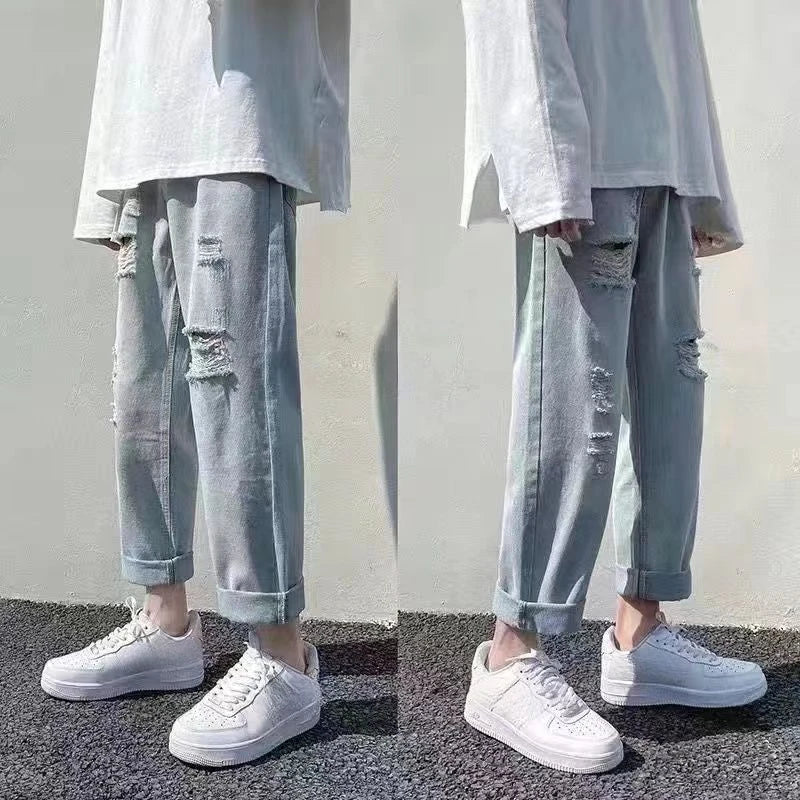 Male Cowboy Pants Oversize Summer Cropped Ripped Men's Jeans with Holes Broken Torn Plus Big Size Trousers Korean Fashion Cheap