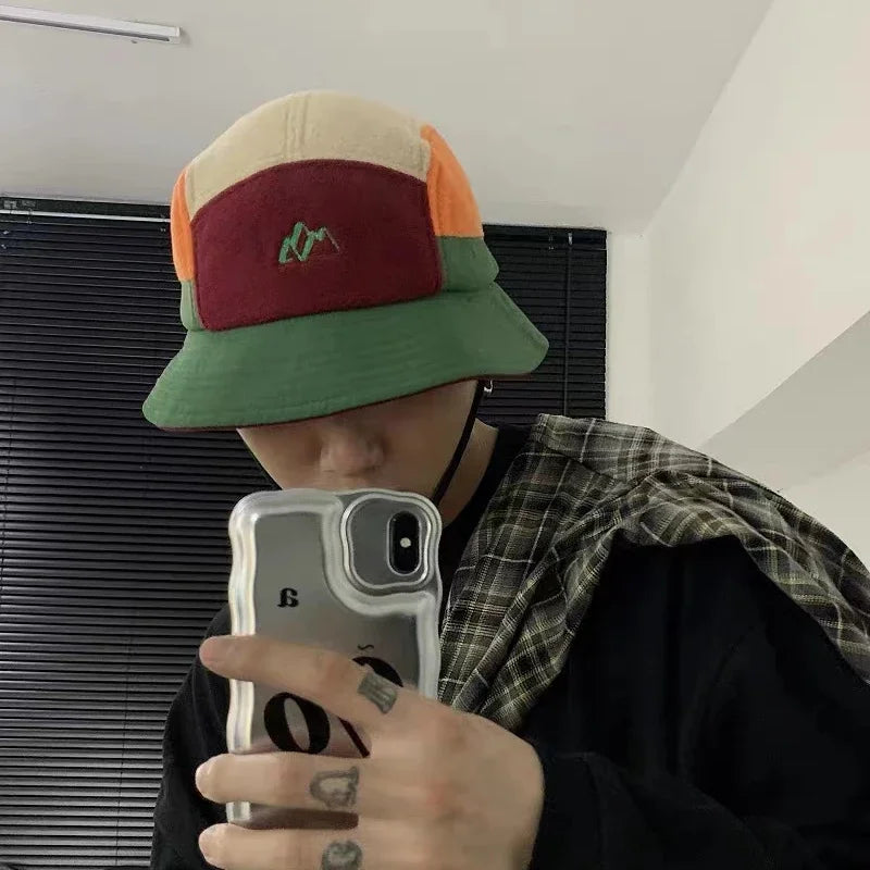 2023New Short Brim Color Matching Ear Protection Autumn Winter Men's Women's Baseball Cap Warm Outdoor Velvet Aviator Bucket Hat