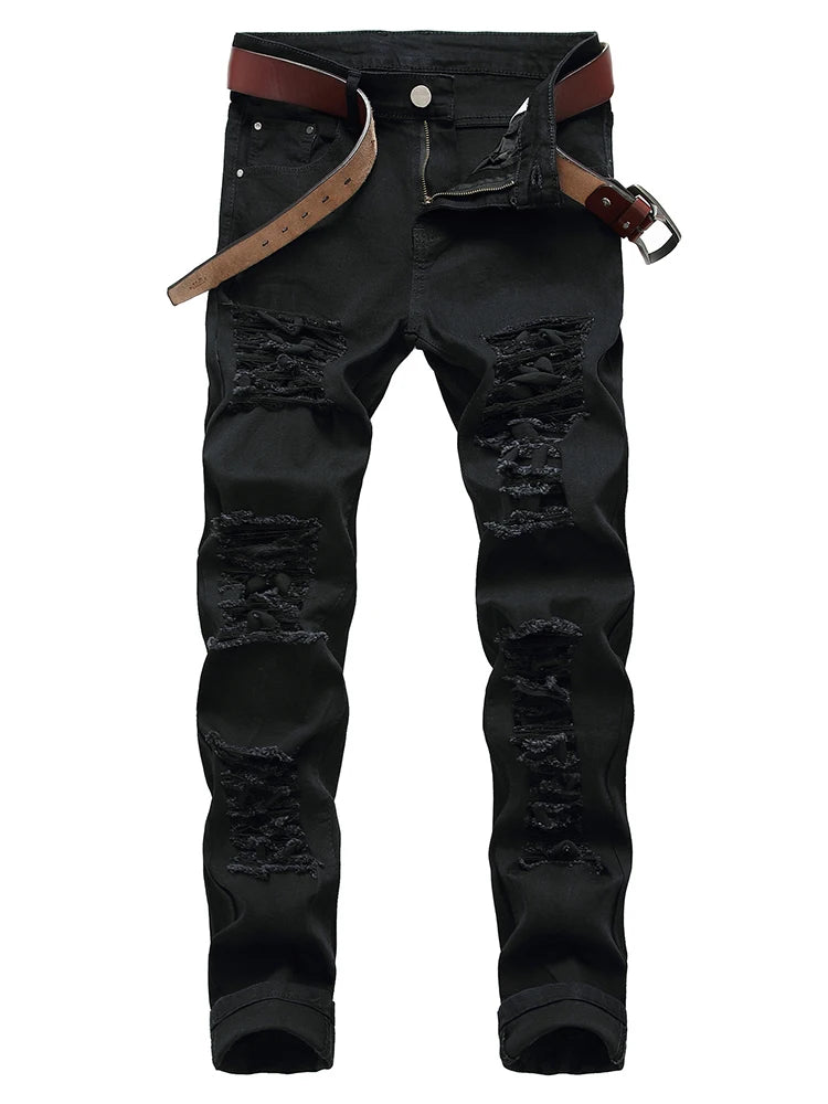 Jeans Straight Motorcycle Beggar Pants Large Size New European Hole White Red Black And American Men's Jeans Denim