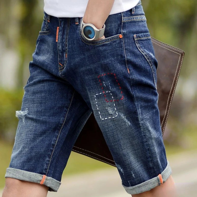 Men's Short Jeans Pants Cargo Ripped with Pockets Vintage Male Denim Shorts Streetwear Jorts Luxury Wih Zipper Buttons Blue Rude