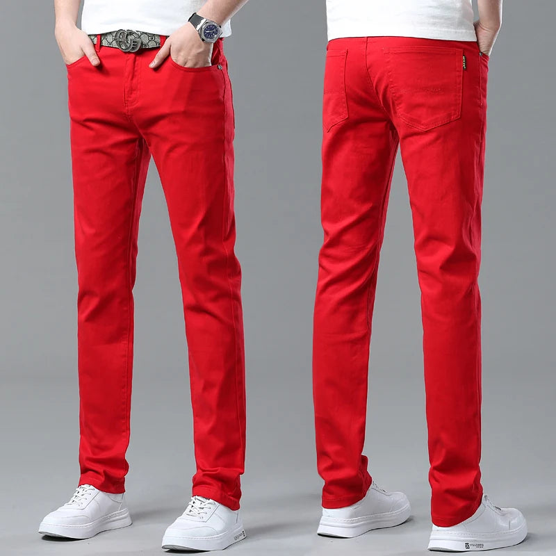 Denim Jeans Men Yellow Pink Solid Color Party Hip Hop Brand Trendy Men Handsome Denim Jeans Straight Slim Casual Pants Red
