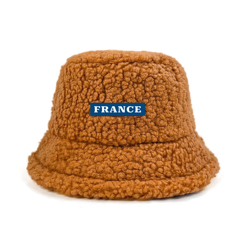 Custom Logo Text France Lamb Faux Fur bob Bucket Hat Winter Warm Velvet Hat For Women Lady Outdoor men Panama Fisherman VEST Hat