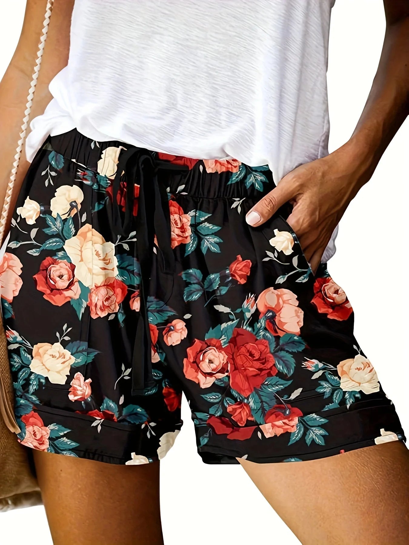 Plus Size High Stretch Loose Straight Leg Printed Women's Shorts Women’s Plus Size Clothing