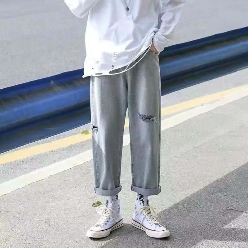 Male Cowboy Pants Oversize Summer Cropped Ripped Men's Jeans with Holes Broken Torn Plus Big Size Trousers Korean Fashion Cheap