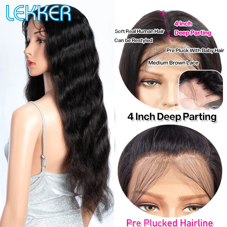 Lekker Wavy 13x1 T Part Lace Front 100% Human Hair Wigs For Women Brazilian Remy Hair Body Wave Middle Part Lace 28" Long Wigs
