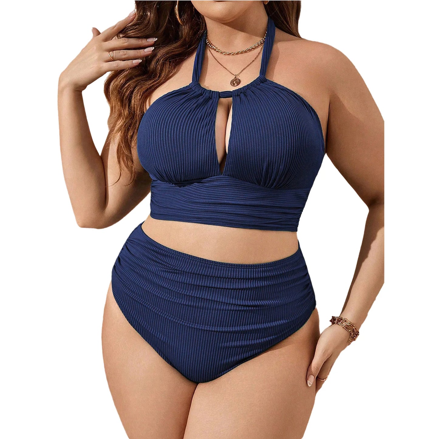 Women Plus Size Two-Piece Swimsuit Swimwear Halter Cutout Tops with Briefs Bikini Bathing Suit for Pool Beach Surfing Diving