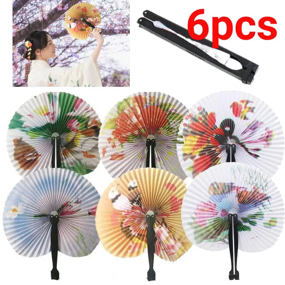 6pcs Paper Folding Fans Color Random Round Paper Fan Chinese Style Hand Fan Wedding Foldable Paper Fans Hand Held Folding Fans