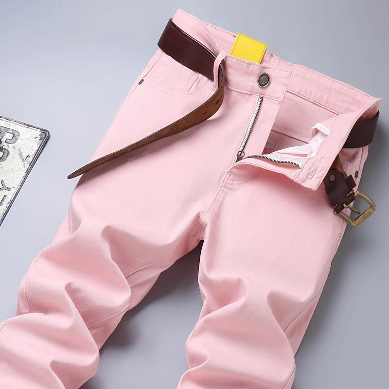 Denim Jeans Men Yellow Pink Solid Color Party Hip Hop Brand Trendy Men Handsome Denim Jeans Straight Slim Casual Pants Red