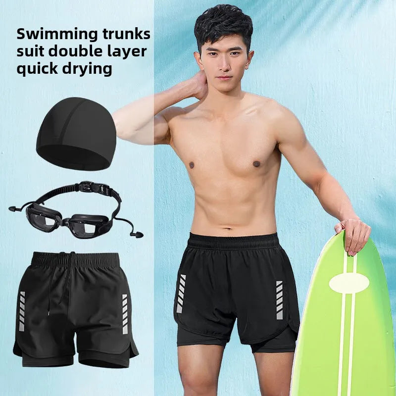 2025 New Anti Embarrassment Swimming Gear Complete Adult Swimsuit Set Swim Cap Goggles 3 Pcs Set Swimming Trunks for Men Short