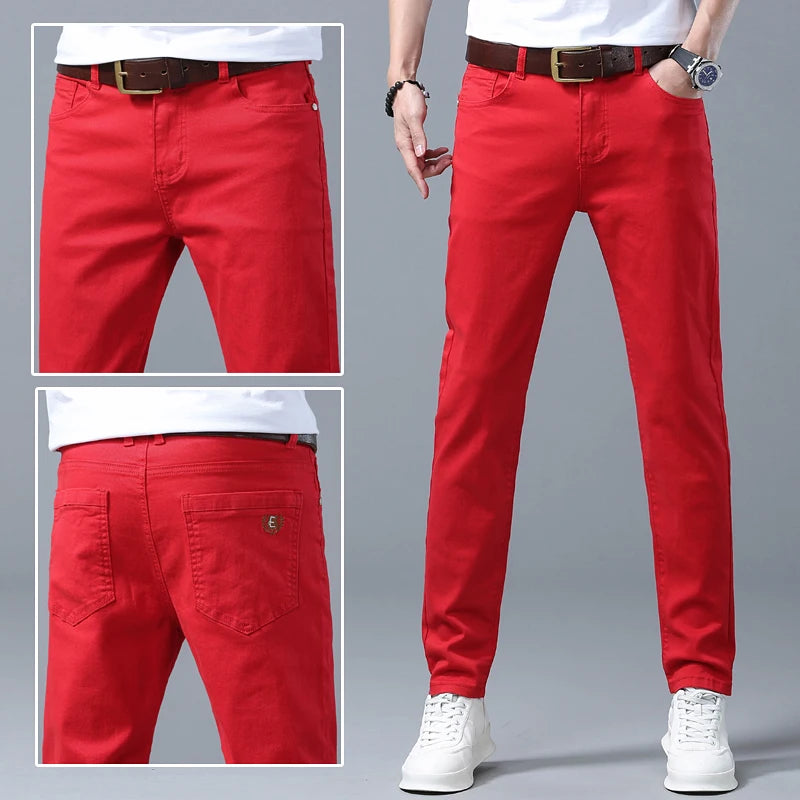 Classic Men's Regular Fit Pink Red Yellow Jeans Business Fashion Denim Advanced Stretch High Quality Cotton Trousers Male Pants