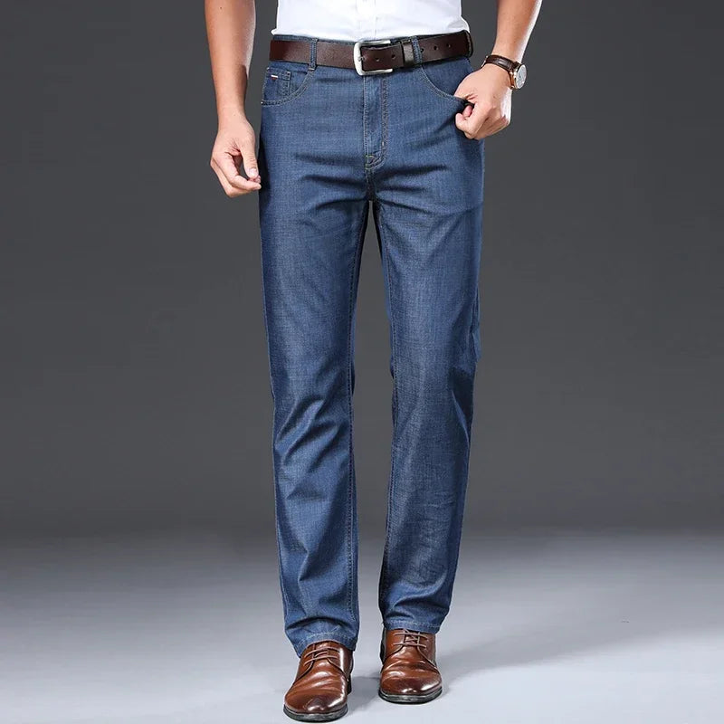 TFETTERS 2025 Summer Pants Men Jeans New Thin Soft Breathable Mid Straight Regular Black Jeans Trousers Work Vintage Men Jeans