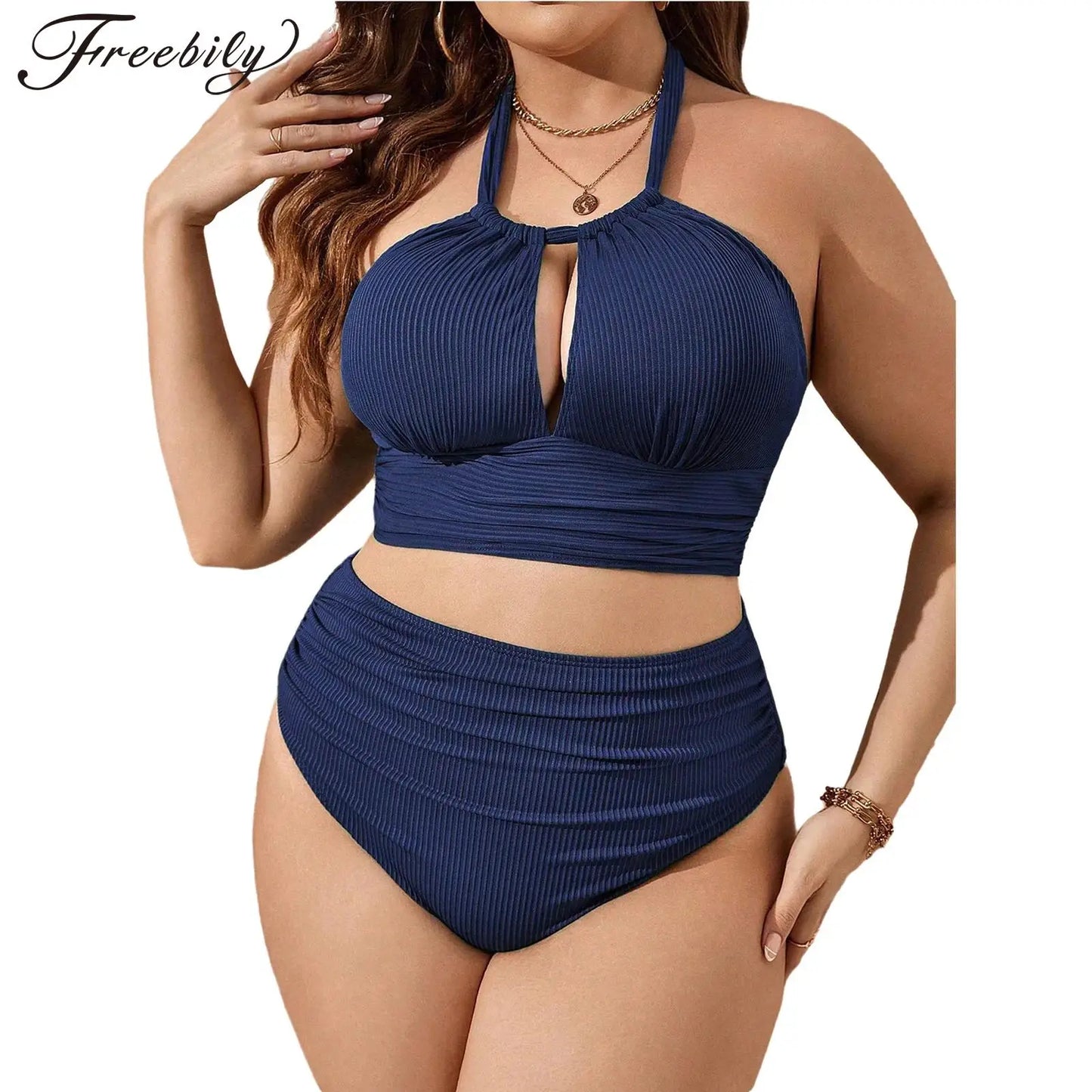 Women Two-Piece Plus Size Swimwear Halter Cutout Tops with Briefs Bikini Swimsuit Pool Beach Bathing Suit Surfing Rash Guard