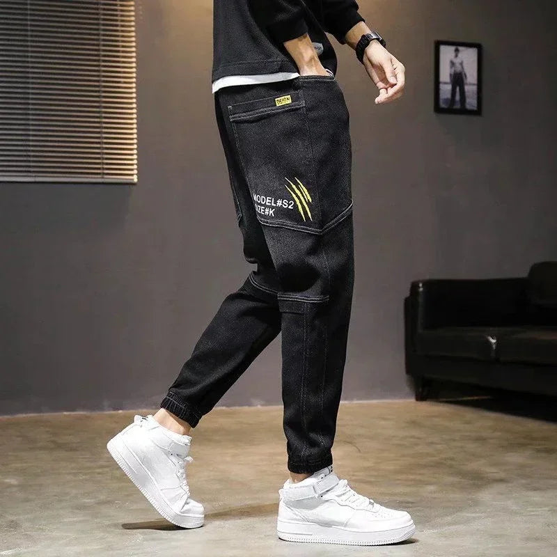 Trousers Letter Harem Men's Jeans With Print Man Cowboy Pants Black Comfortable Soft 2024 Korean Autumn Y2k Vintage Xs Retro