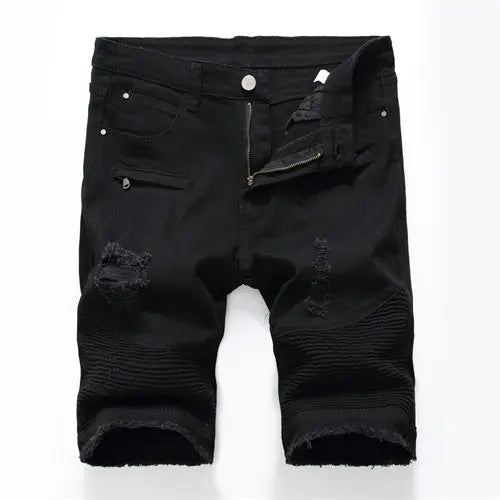 2024 Summer New Men's Jeans Shorts, Pleats and Holes Decorated Shorts, Men Blue White Black Blue Red Denim Shorts