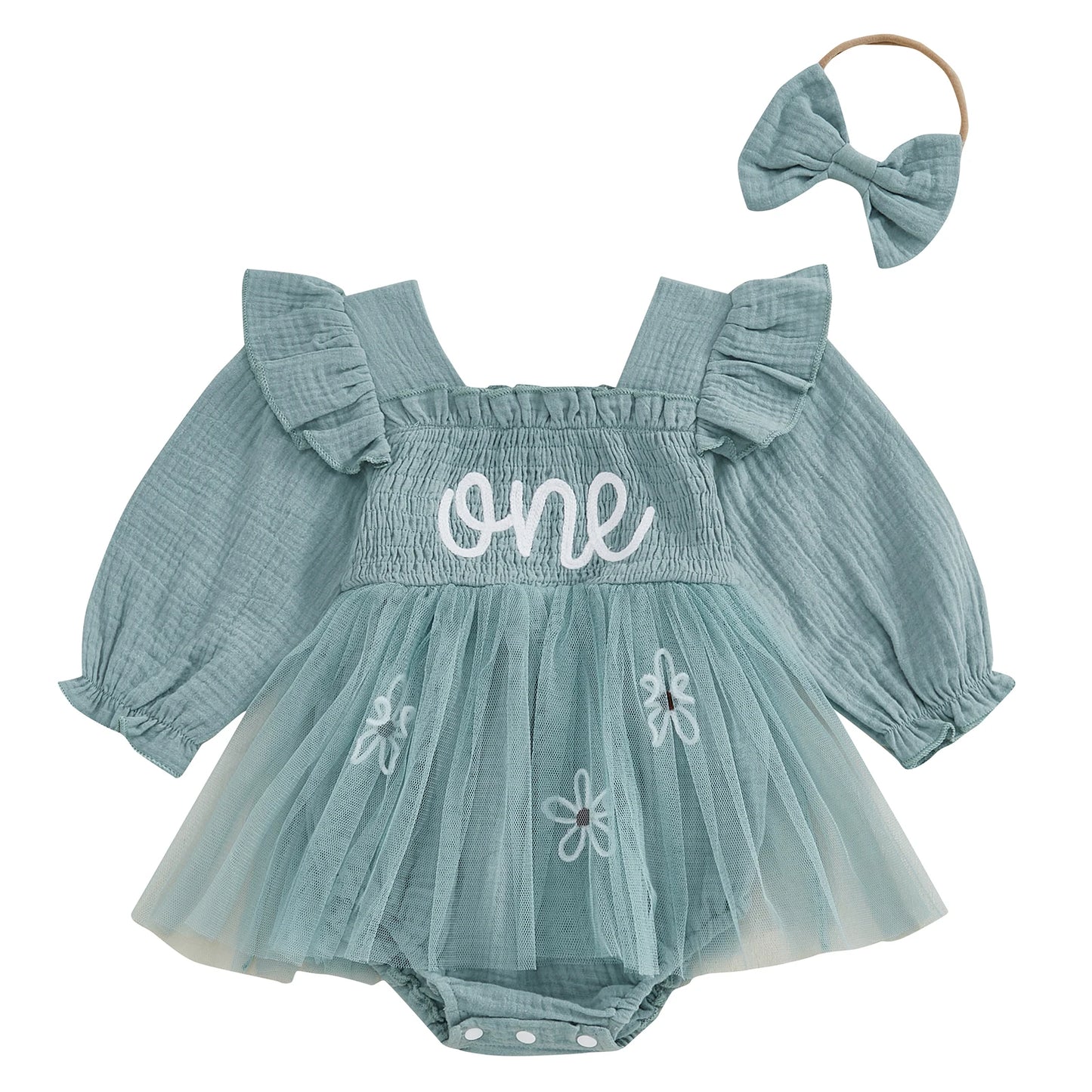 Baby Girls Romper Dress Mesh Flower Letter Pattern Ruffled Long Sleeve Smocked Jumpsuits Bow Headband