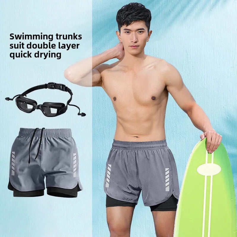 2025 New Anti Embarrassment Swimming Gear Complete Adult Swimsuit Set Swim Cap Goggles 3 Pcs Set Swimming Trunks for Men Short