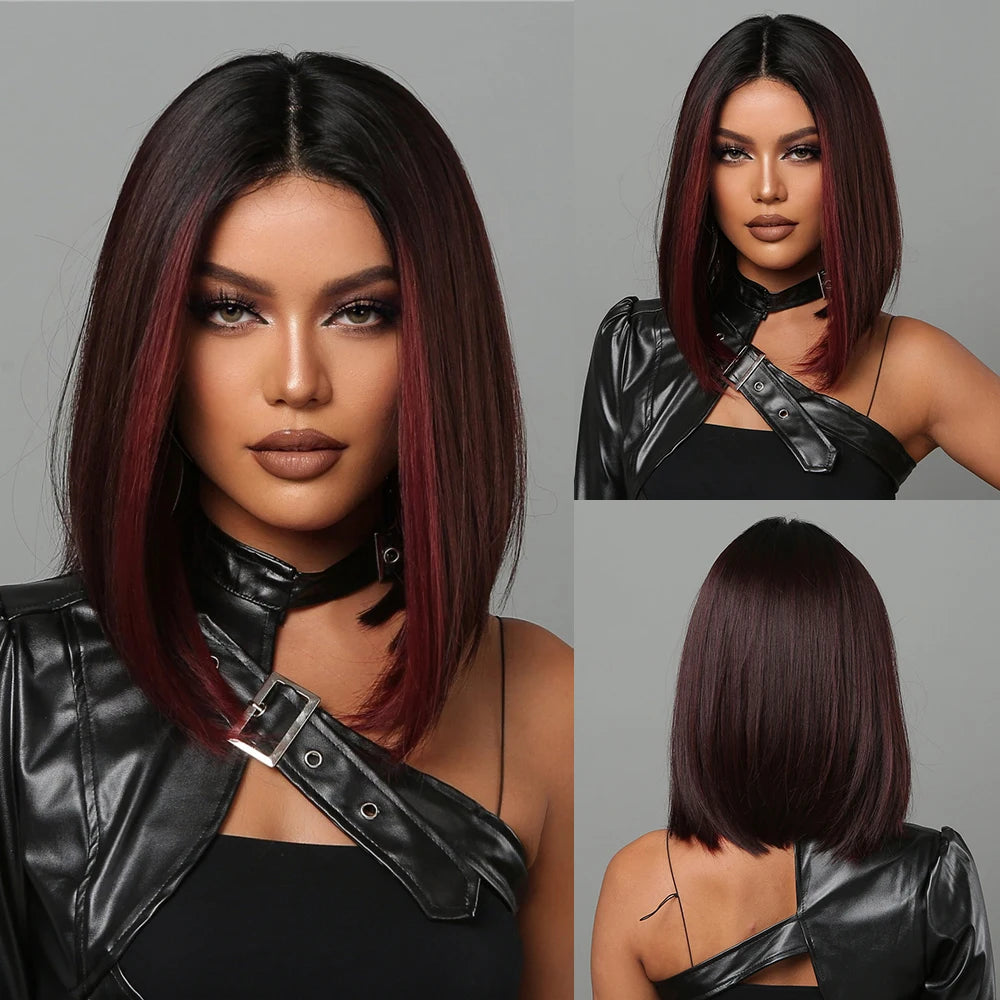 Short Wine Red Synthetic Wigs Straight Hair Wig with Bangs Bob Hair for Black Women Afro Cosplay Party Heat Resistant Wigs