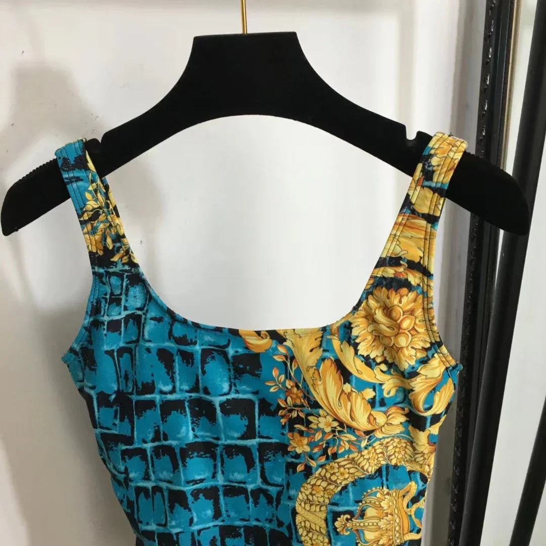 Luxury Design Women's One-piece Swimsuits Crocodile Retro Flower Pattern Sexy Camisole Swimwear Fashion Brand Women's Beachwear
