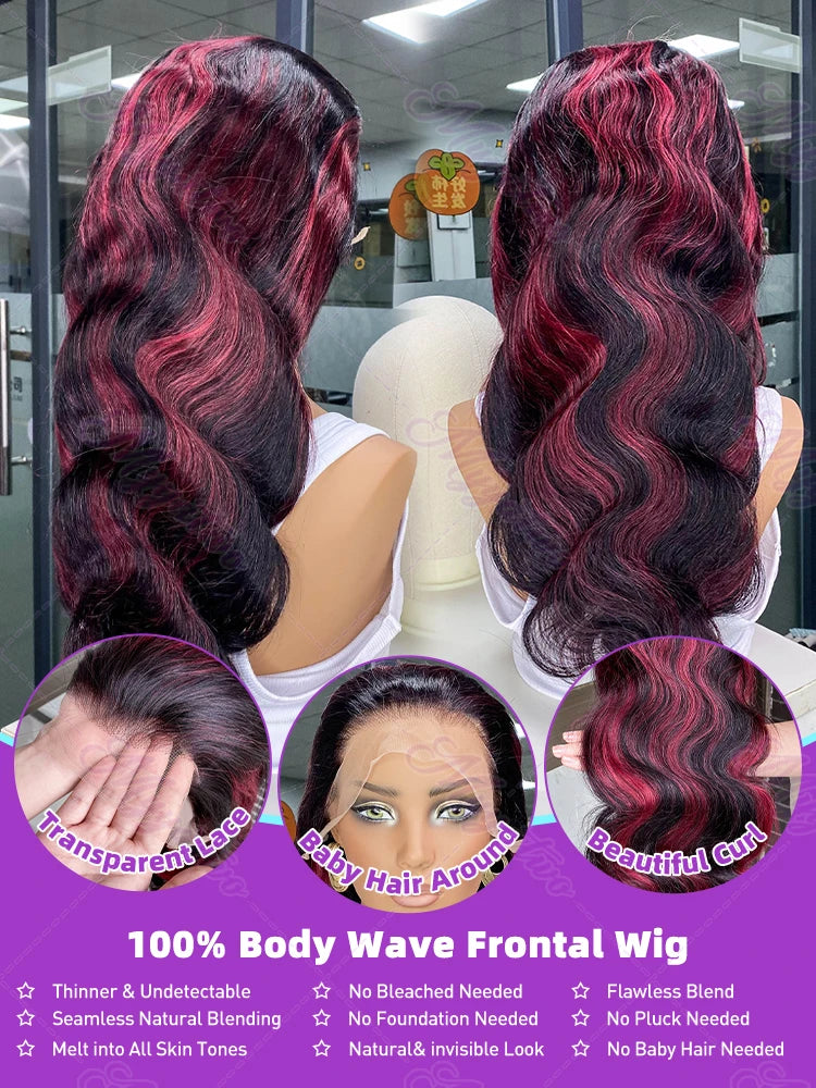 1b/99j Burgundy Highlight Body Wave 13x4 HD Lace Front Human Hair Wig Brazilian 30 32 Inch Colored 13x6 Lace Frontal Wigs 200%