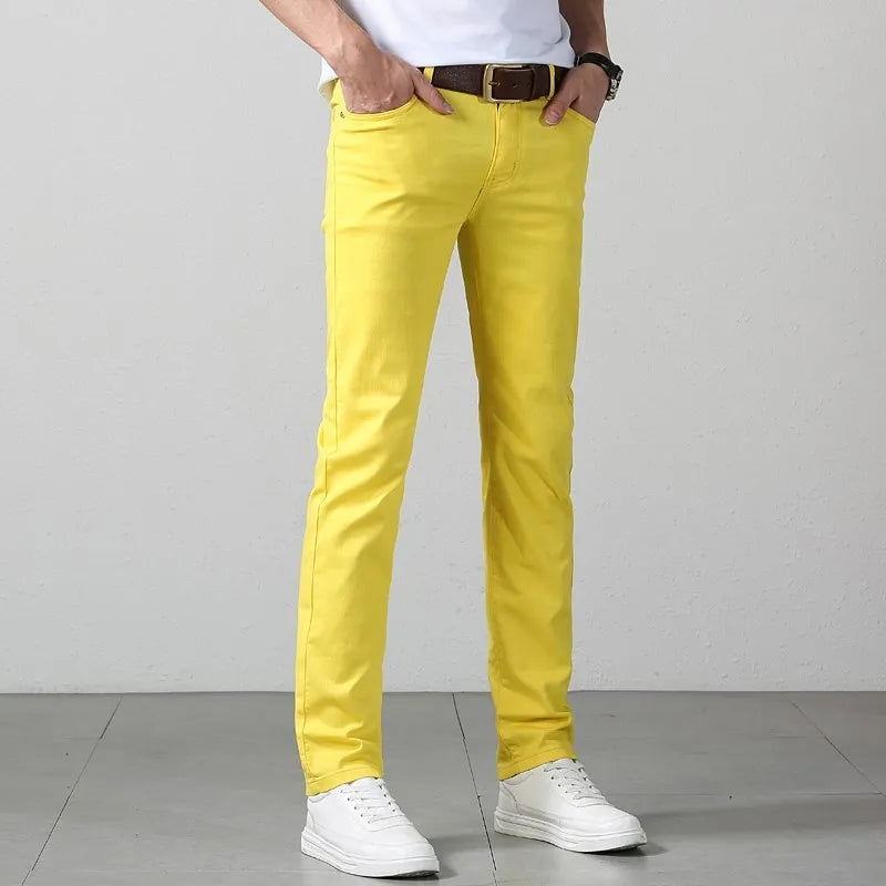 New Men's Denim Jeans Straight Stretch Pants Solid Color Fashion Business Casual Classic High Quality Red Yellow Blue White