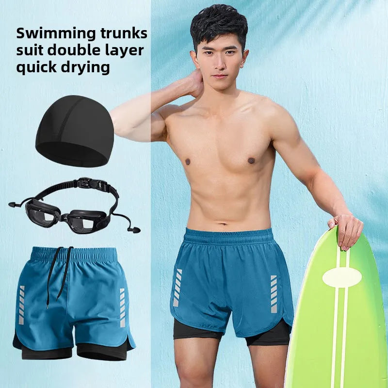 2025 New Anti Embarrassment Swimming Gear Complete Adult Swimsuit Set Swim Cap Goggles 3 Pcs Set Swimming Trunks for Men Short