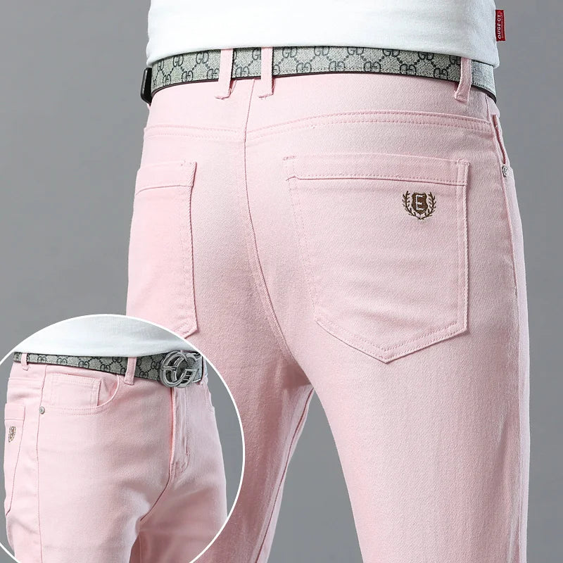 Men's Casual Stretch Slim New Jeans Solid color Business Fashion Casual Jeans Korean Straight Yellow Pink Red Male Clothing