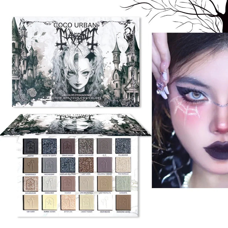 24 Color Matte Eye Shadow Plate Halloween Gothic Punk Style Black Sequin Eye Shadow Palette Lasting Makeup Cool Girl Eye Shadow