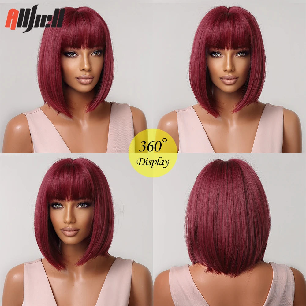 Short Wine Red Synthetic Wigs Straight Hair Wig with Bangs Bob Hair for Black Women Afro Cosplay Party Heat Resistant Wigs