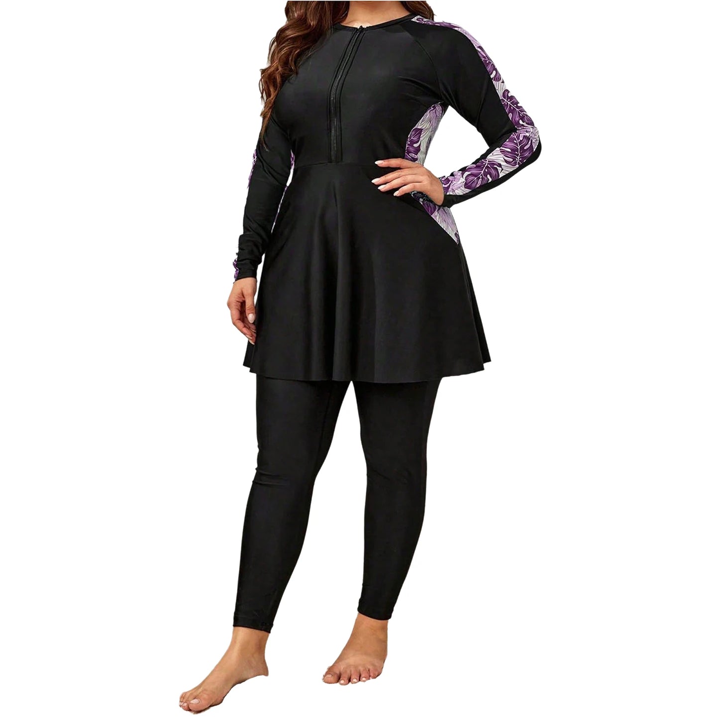 Women Plus Size Two-Piece Swimsuit Long Sleeve Floral Print Zipper Dress with Leggings Swimwear Bathing Suit Rash Guard Wetsuit