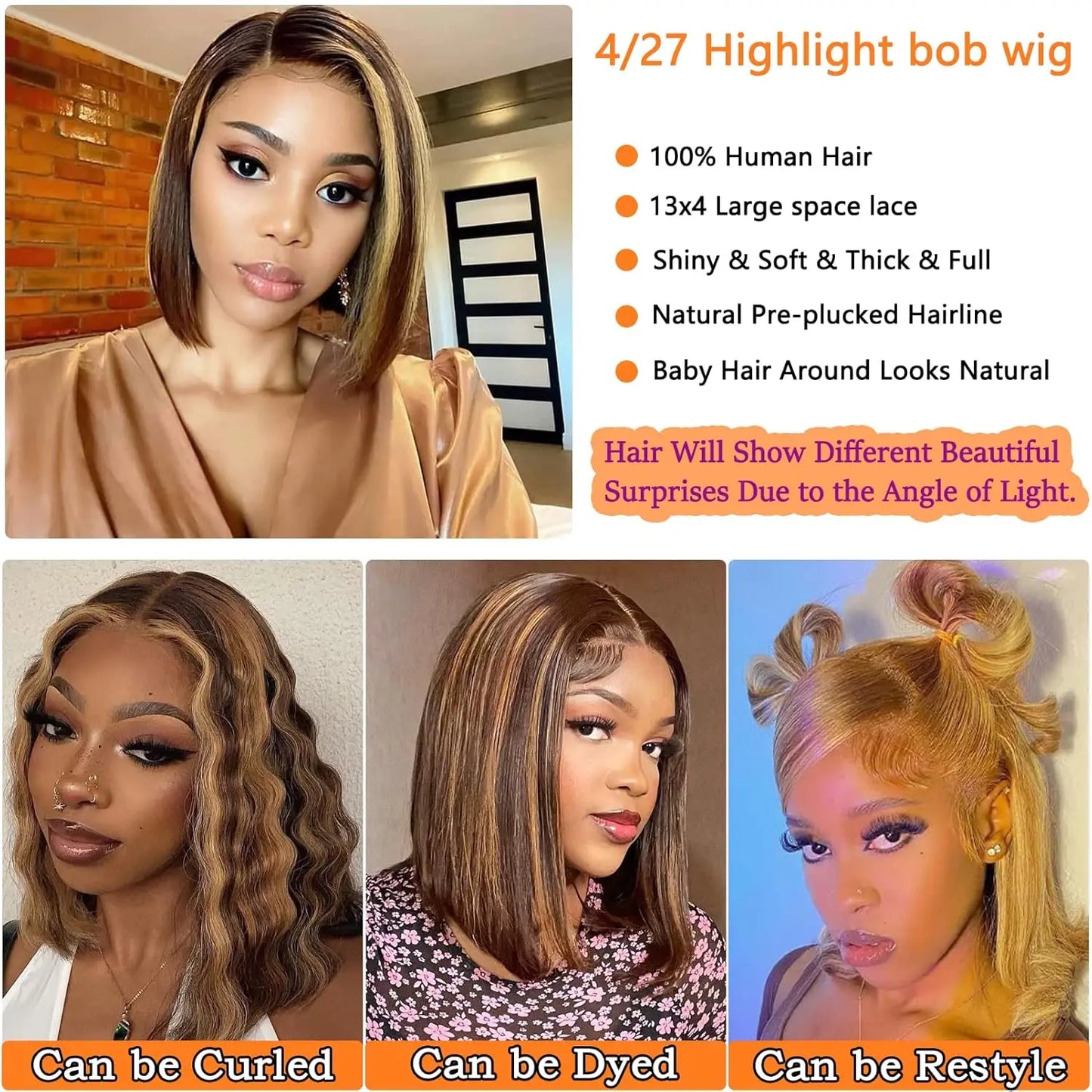 Glueless Highlight Bob Human Hair Wig 13x6 Highlight Straight Bob Lace Front Wig Human Hair Wear&Go Highlight Bob Human Hair Wig
