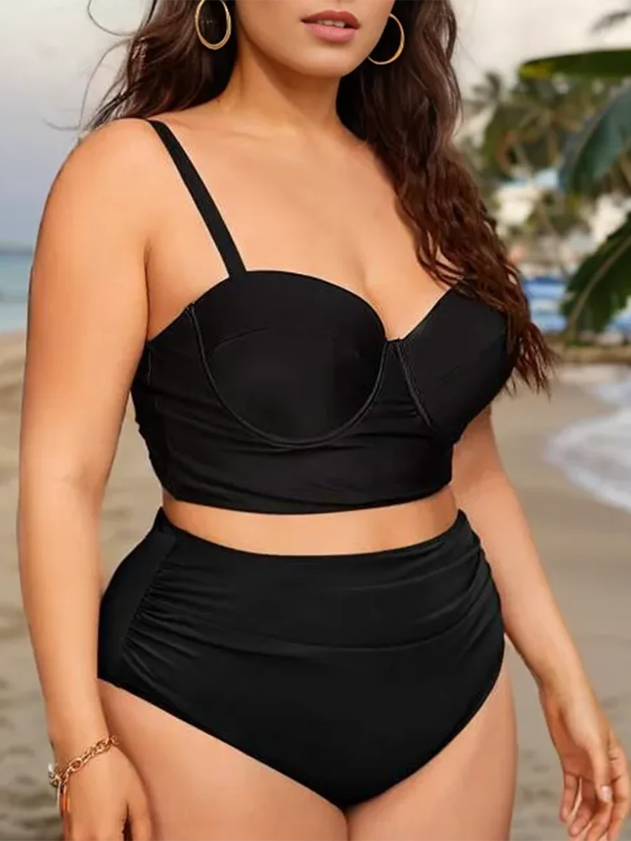 2025 Large Plus Size Push Up Solid Bikini Two Piece High Waist Swimsuit Women Swimwear Female Bathing Suit Beachwear Swimming